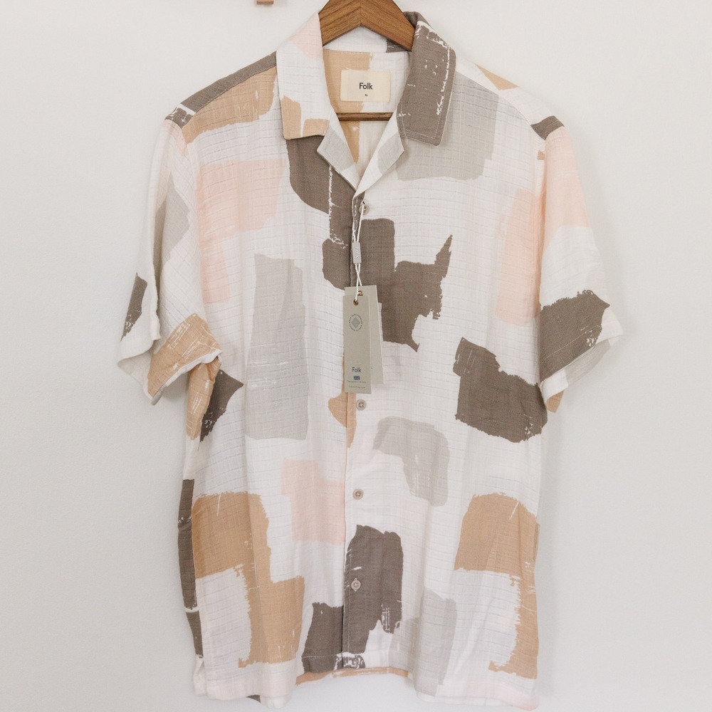 Folk Tawn SS Shirt Spice Abstract Block Print Cotton Camp Collar Mens XL New